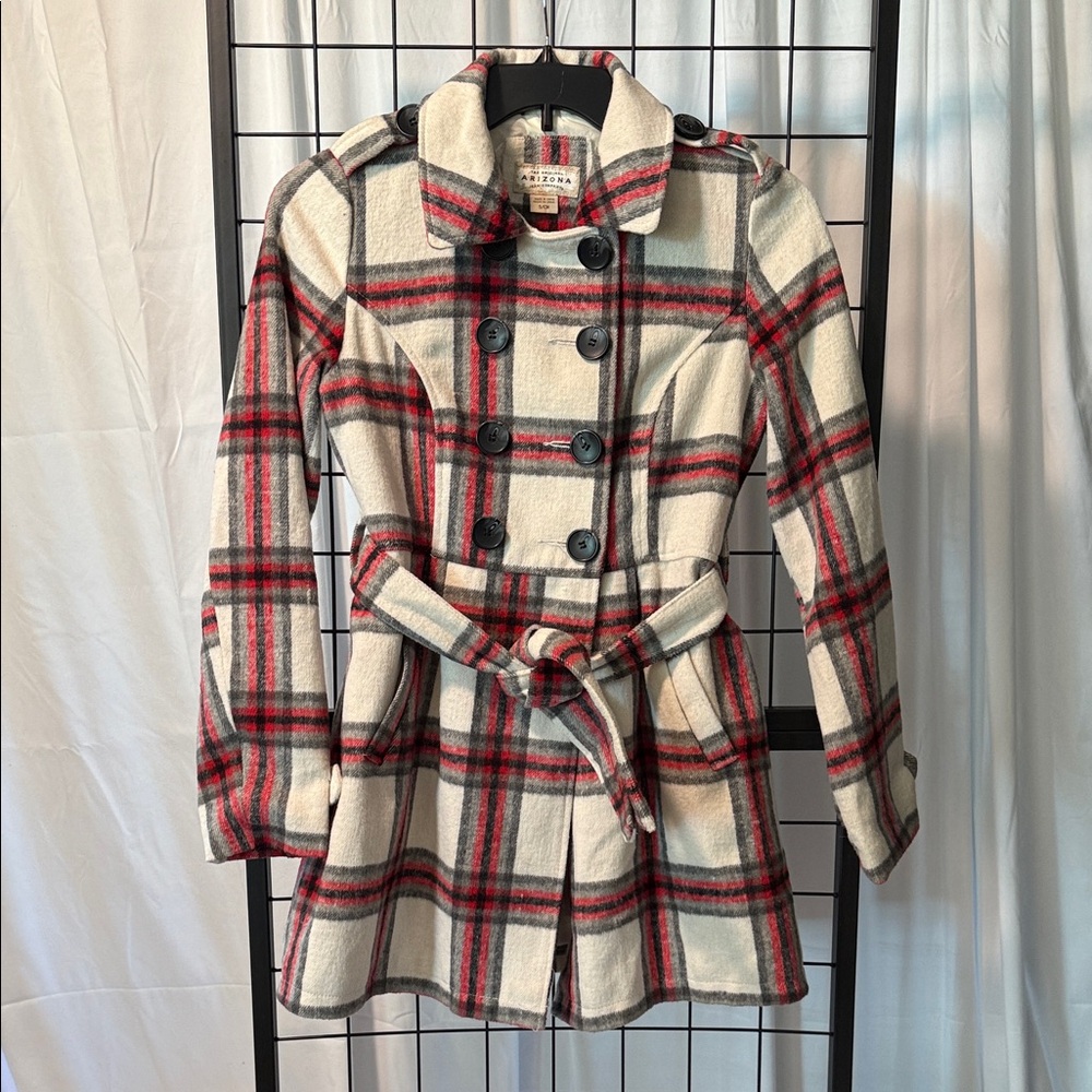 Arizona Jean Company Red, Black and White (cream)  Plaid Trench Coat